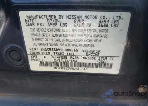 2004 Nissan Sentra 1.8S from USA, damaged, VIN 3N1CB51D44L484515